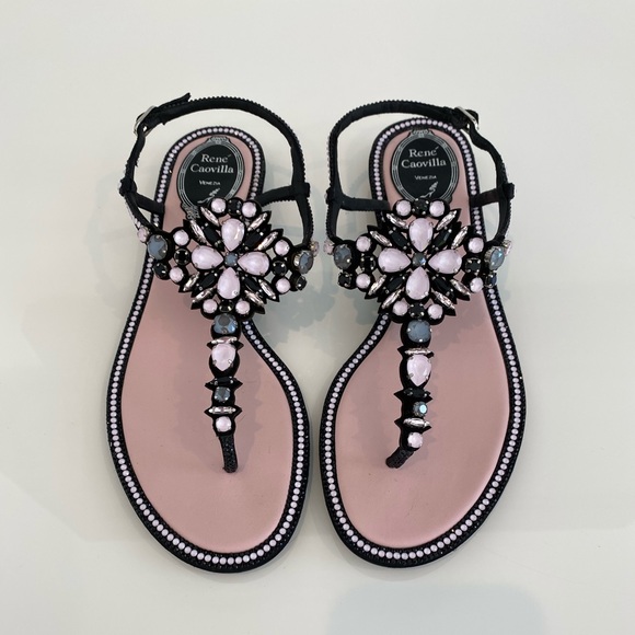 RENE CAOVILLA PINK BLACK EMBELLISHED SANDALS SIZE IT 38.5 / US 8.5 - Picture 6 of 17